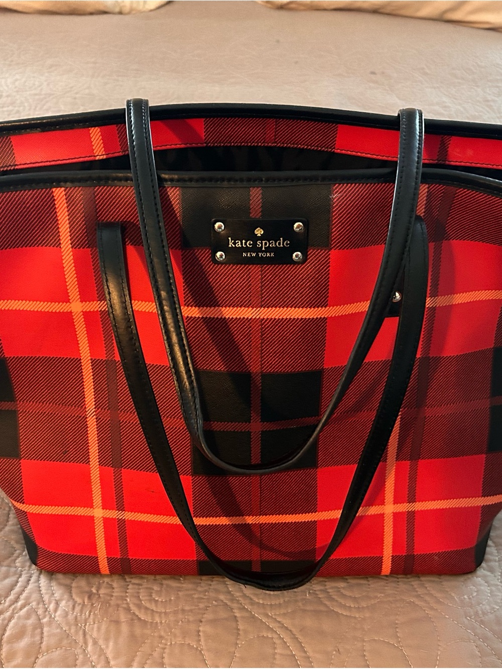 kate spade Red and Black Plaid Tote with Black Straps